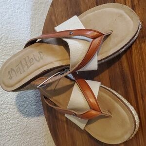 Mad love Womens Leather & Textile Thong Wedge Slide Neutral boho New! Sz.7